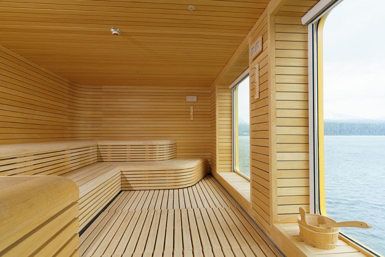 Ultramarine Sauna with bench seating and large window